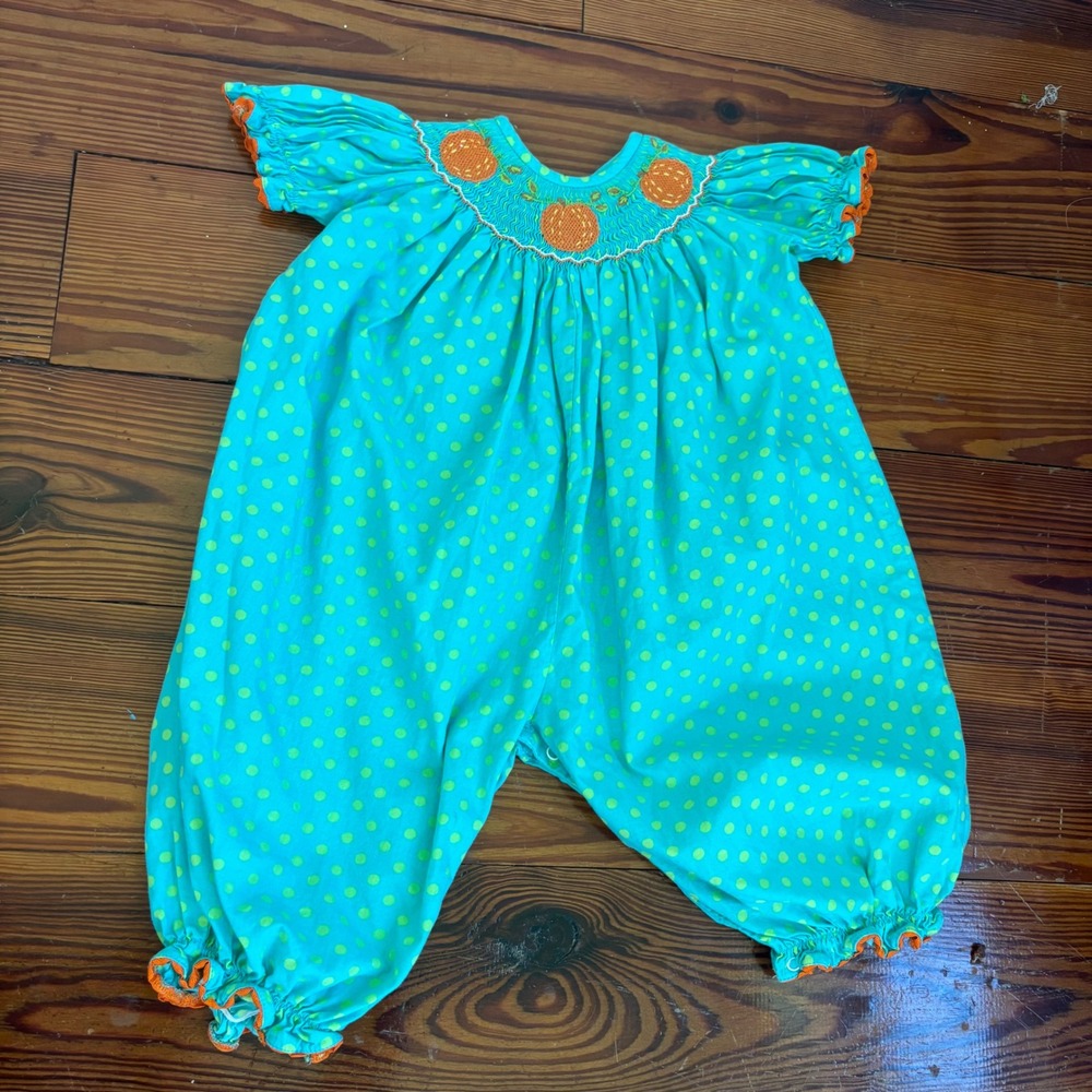 Smocked Auctions Baby Girls Romper 12M Smocked Pumpkin Polka Dot Blue Orange